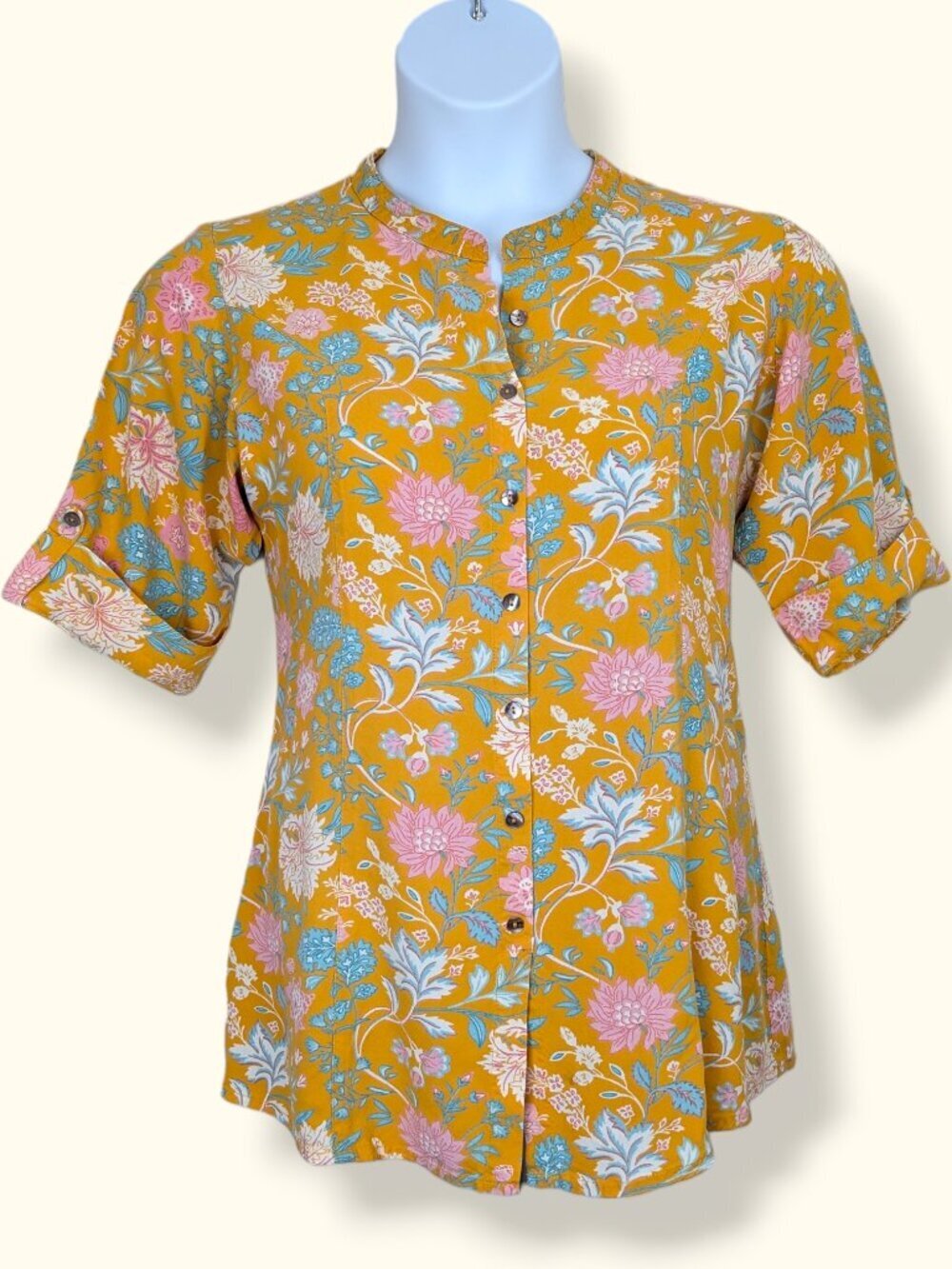 Yellow Floral 3/4 Sleeve Tunic Blouse